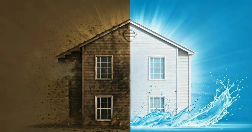 house separated in 2, clean and dirty, concept of power washing cost