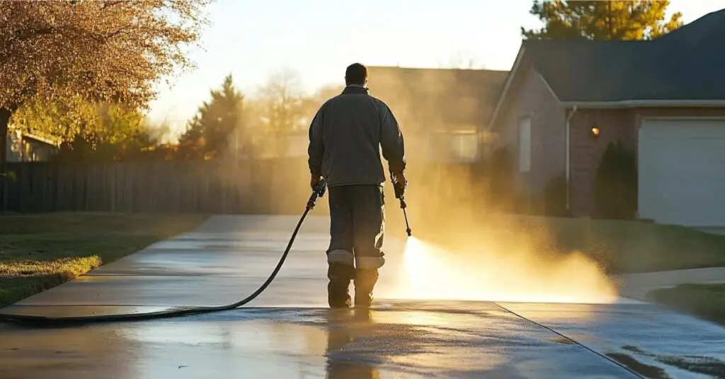 man power washing grease off concrete