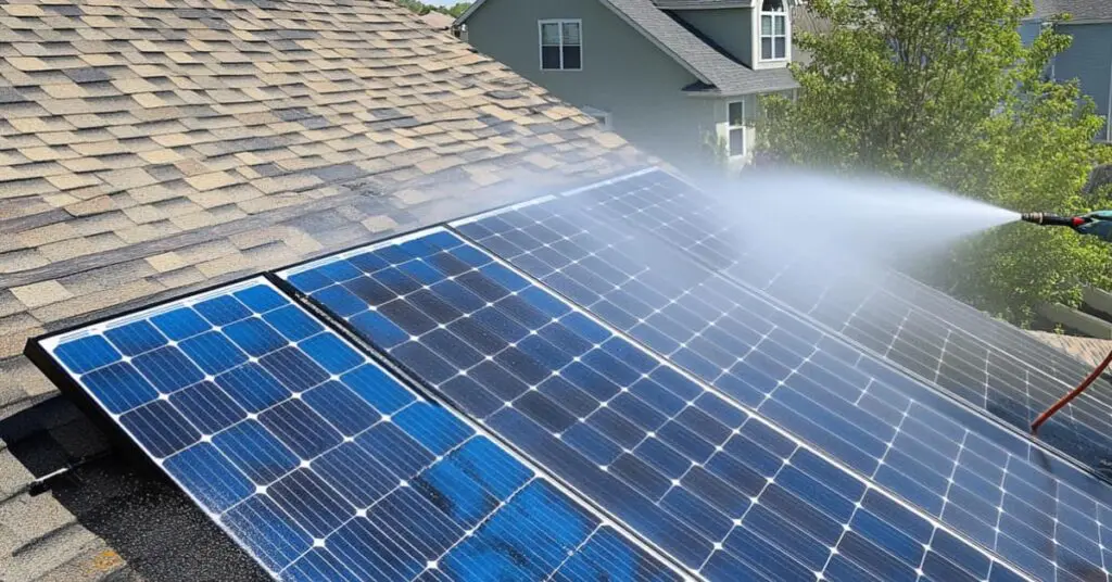 power washer spraying solar panels on roof