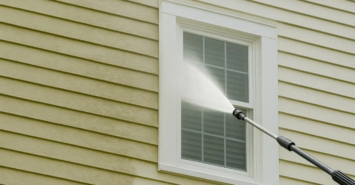 power washing gun spraying water onto to vinyl siding house, concept of Why End-of-Summer Is the Best Time to Power Wash