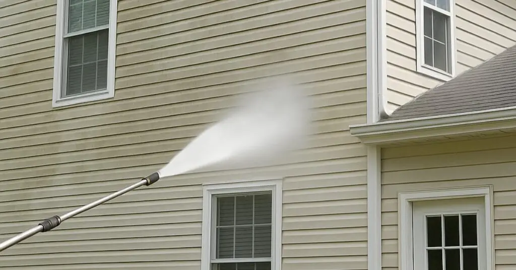power washing vinyl siding on house, part of a seasonal maintenance checklist of exterior cleaning