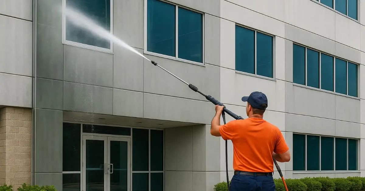 man power washing a building,representing Office Building Pressure Washing Near Me by A Brilliant Solution