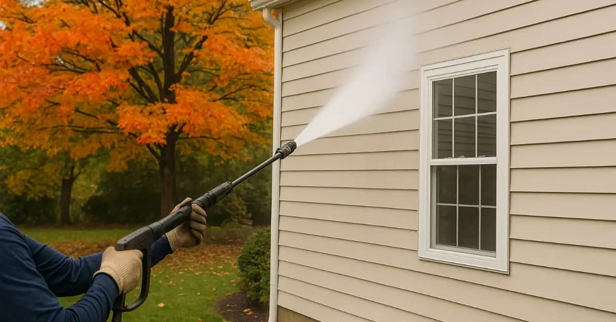 power washing spraying siding, fall leaves, concept of say good bye to summer and get fall power washing services