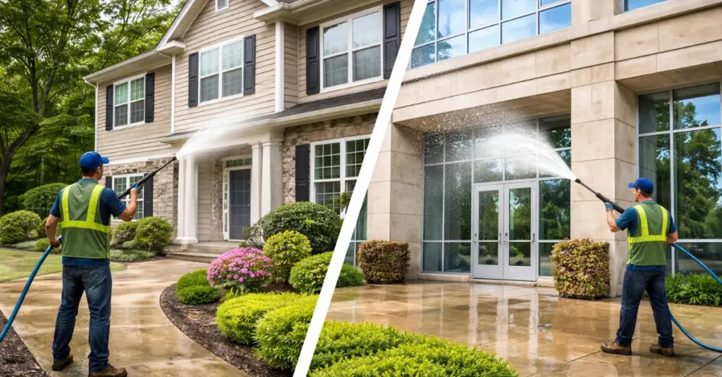 powerwashing house and building, representing a blog New Jersey power washing guide to exterior home and business power washing