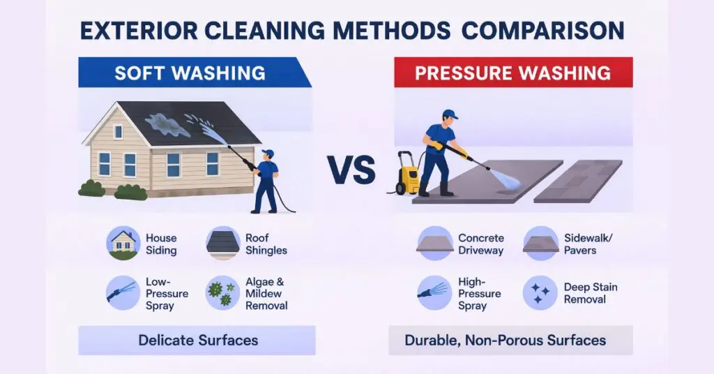 Infographic comparing soft washing and pressure washing for siding, roofs, and concrete