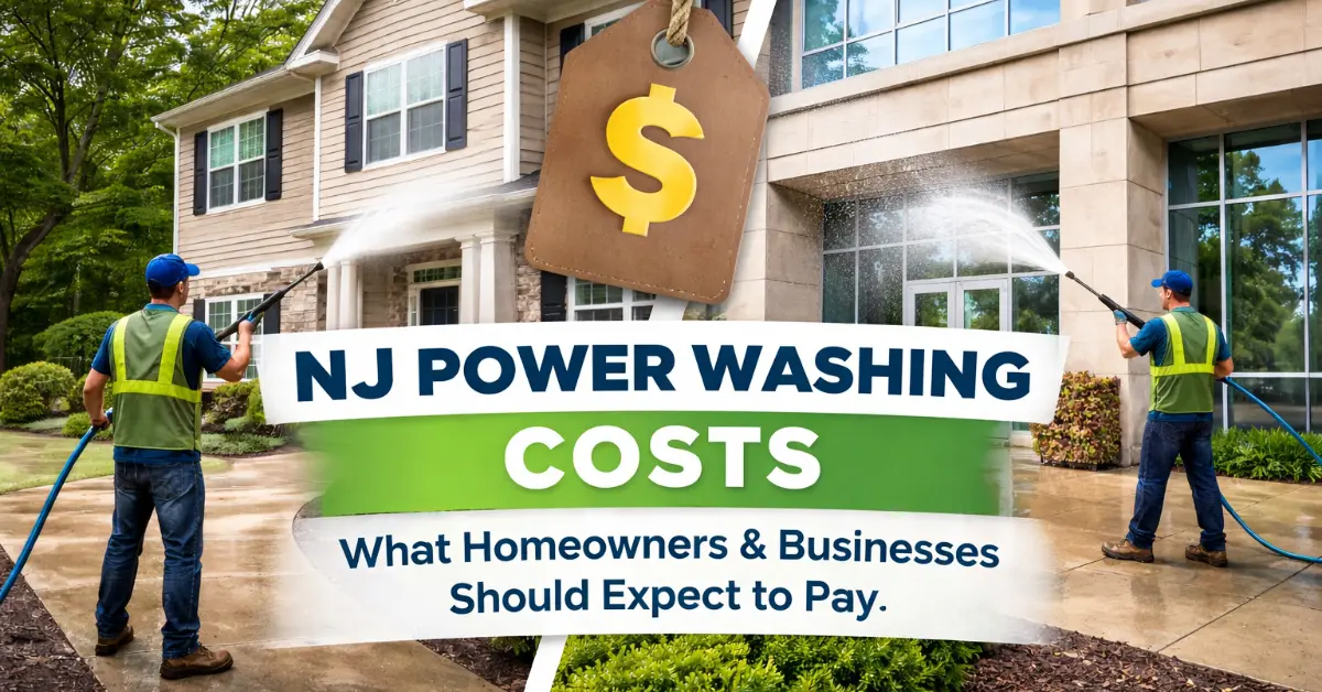 worker powerwashing house and business exterior, words nj power washing costs with dollar icon