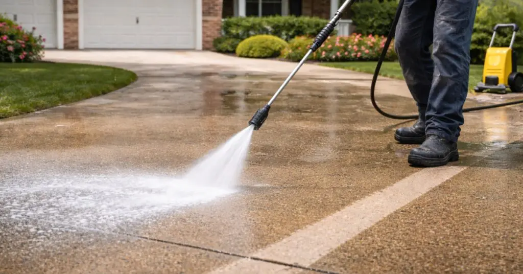 man powerwashing concrete, concept of Driveway and Concrete Cleaning in New Jersey