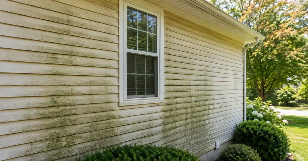 Green buildup on house siding during New Jersey summer heat