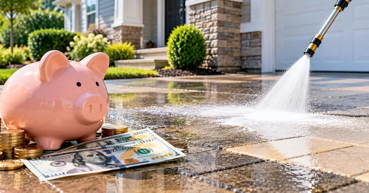 piggie bank, money, on wet ground surface, concept of average cost for power washing